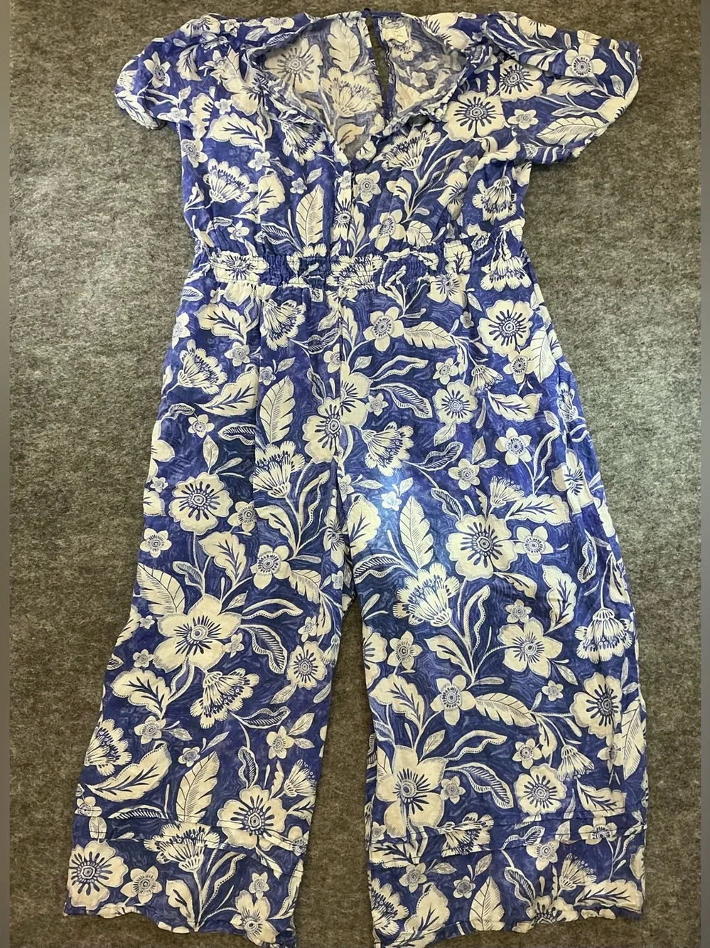 Anthropologie Blue and White Linen Floral One-Piece Romper Size 3X